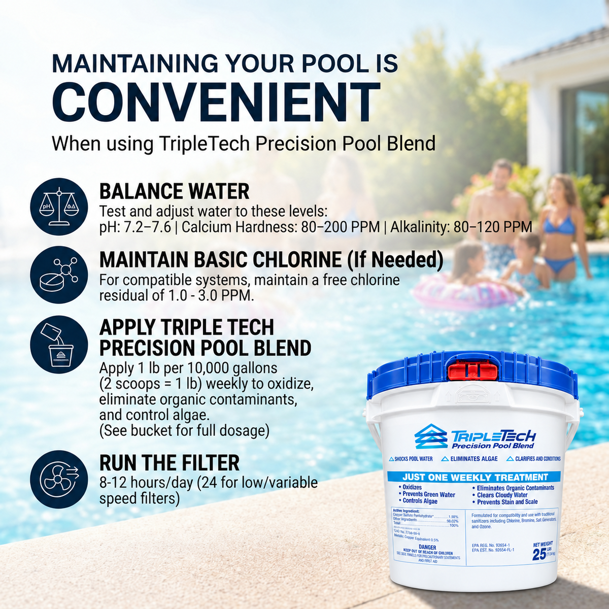 TripleTech Precision Pool Blend works with chlorine and saltwater, not Baquacil